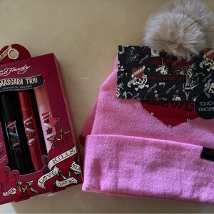 Ed Hardy Pink Hat and Glove Set with Heart Design